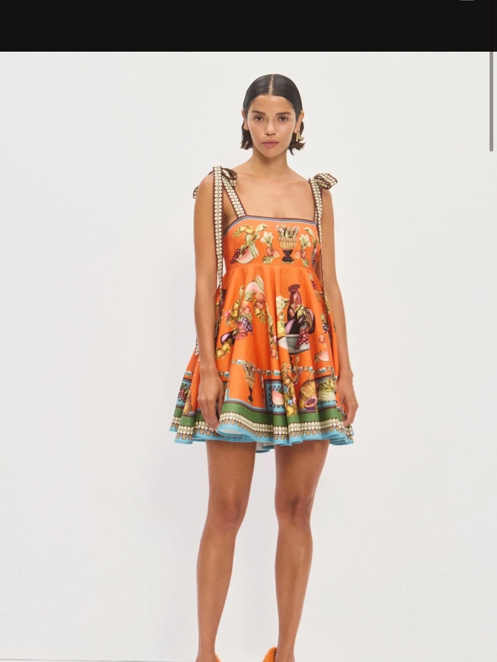 Alemais Orange Printed Tie-Shoulder Mini Dress with Multicolor Border